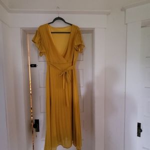 Mustard Pleated Midi Faux Wrap Dress